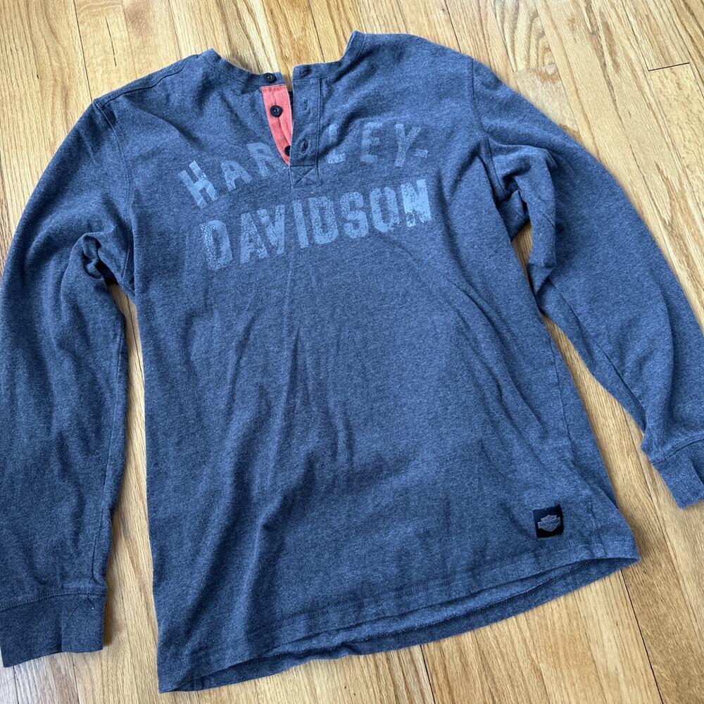Harley Davidson Long Sleeve Grey Henley Shirt Men's Large - See Measurements